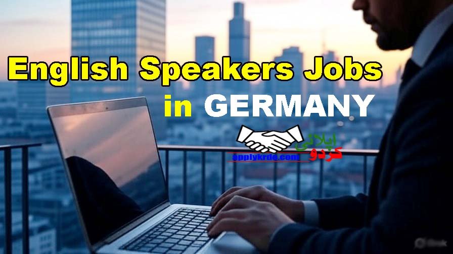 A modern German city skyline with a professional looking at a laptop