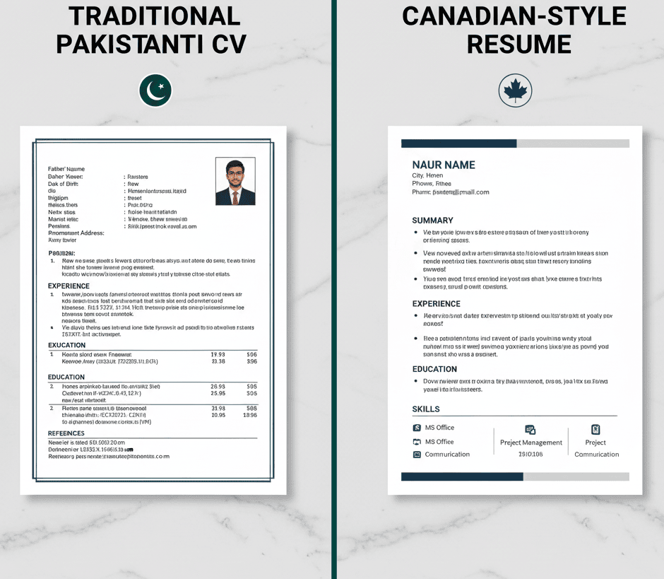 A side-by-side comparison of a traditional Pakistani CV and a clean, Canadian-style resume