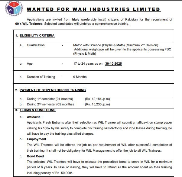 Wah Industries Limited Jobs 2025: 85+ Trainee & DAE Apprentice