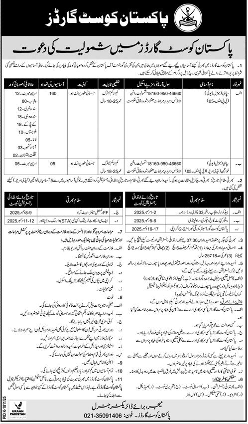 Join Pakistan Coast Guard Jobs 2025 : 160+ Posts Apply Online