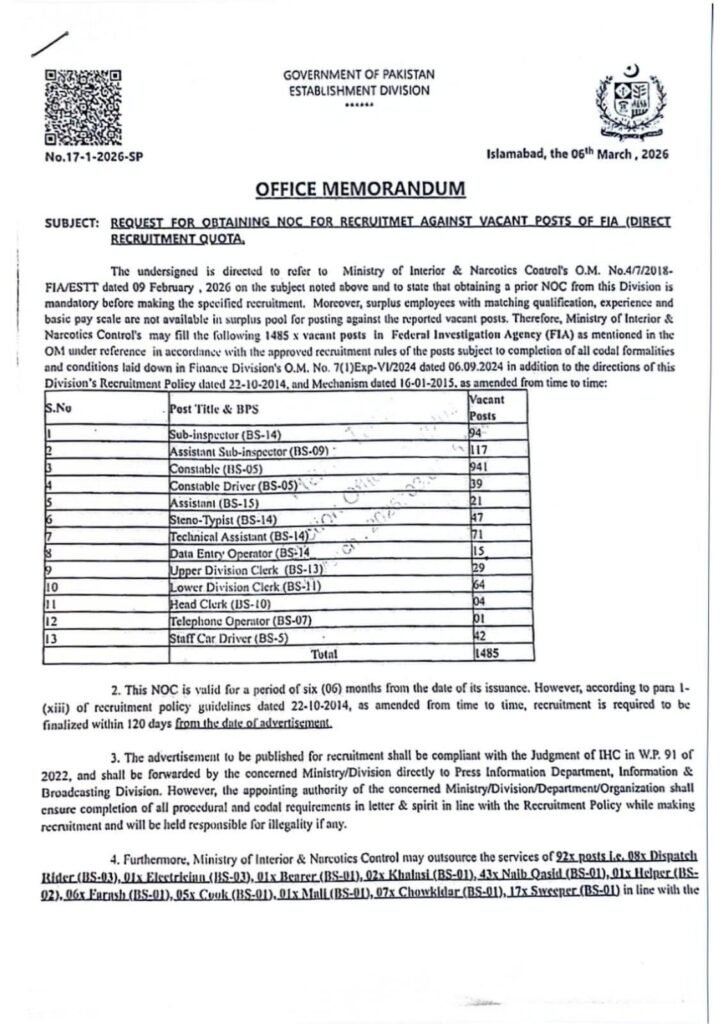 Official recruitment advertisement for Federal Investigation Agency FIA Jobs 2026 detailing various vacancies and application date