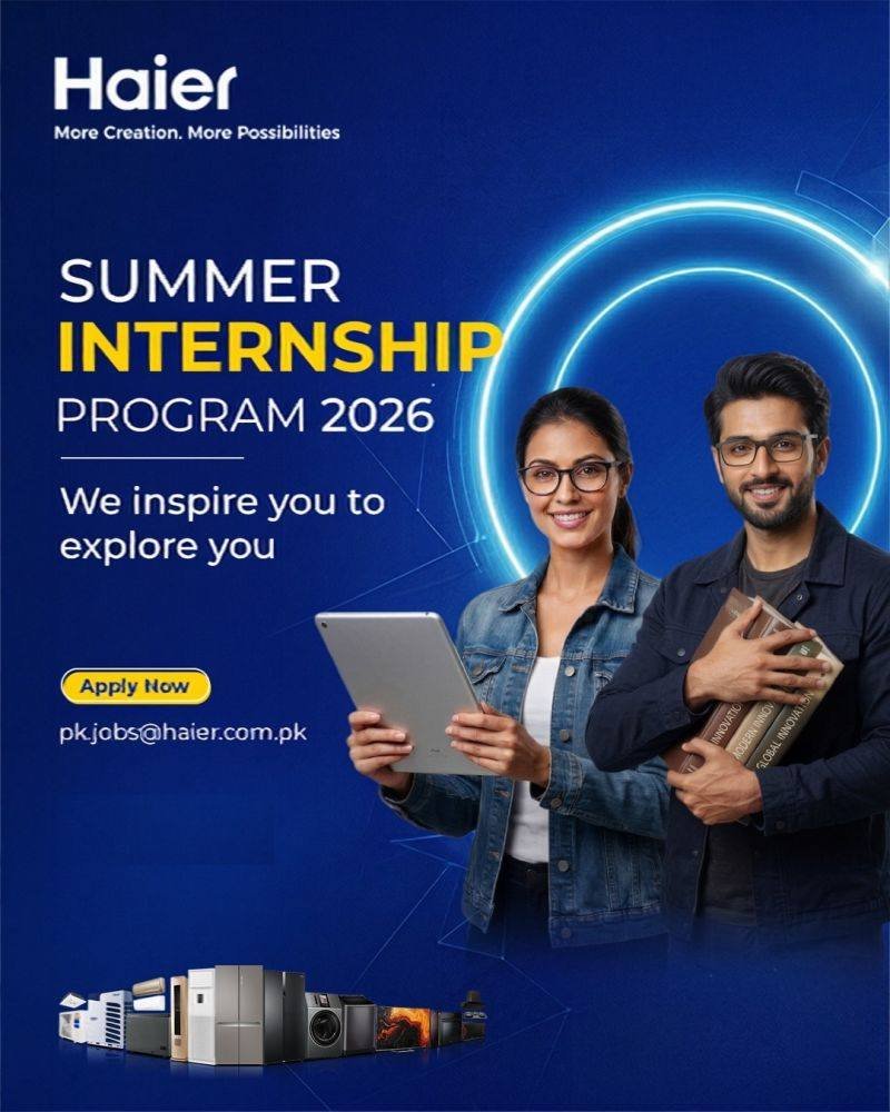 Haier Summer Internship Program 2026 official advertisement. White background with Haier logo and tagline 'More Creation. More Possibilities'. Text reads: SUMMER INTERNSHIP PROGRAM 2026 – We inspire you to explore you. Apply Now at pk.jobs@haier.com.pk"