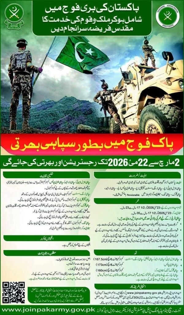 Official Pakistan Army Recruitment Ad for March 2026 showing eligibility criteria, age limits, and height requirements for Soldiers and Clerks.