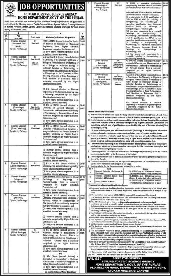 Punjab Forensic Science Agency PFSA Jobs 2026 Official Advertisement
