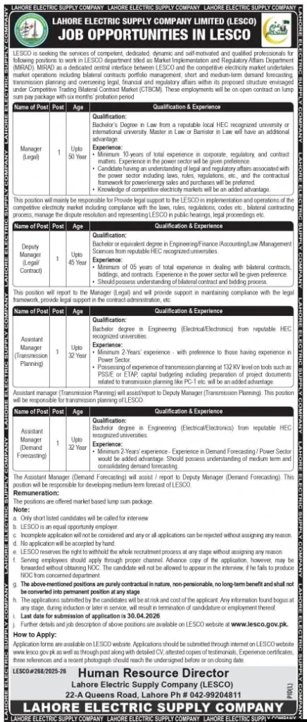 Official LESCO job advertisement 2026 for MIRAD department showing vacancies for Manager Legal, Deputy Manager, Assistant Manager Transmission Planning and Assistant Manager Demand Forecasting. Last date to apply is 30th April 2026.