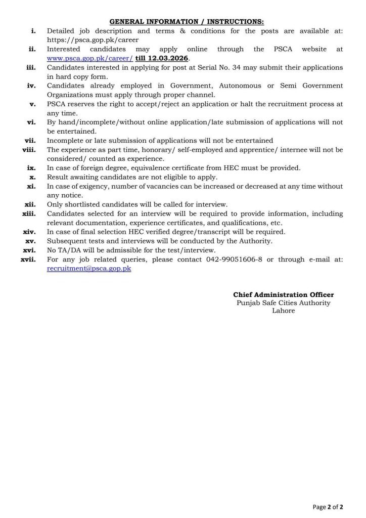 Official job advertisement of Punjab Safe Cities Authority showing 34 different job categories and salary packages for 2026.