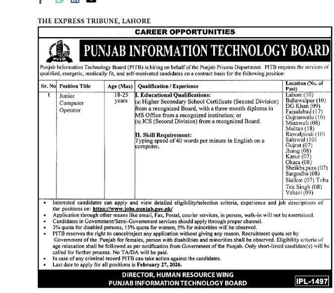 Official career advertisement from PITB for Junior Computer Operator roles in Punjab Prisons Department with a deadline of Feb 27, 2026