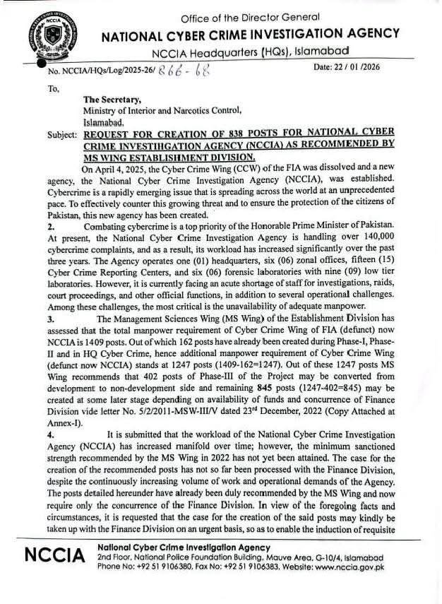 Official letter from NCCIA Headquarters Islamabad requesting the creation of 854 posts across various BPS scales for the National Cyber Crime Investigation Agency.