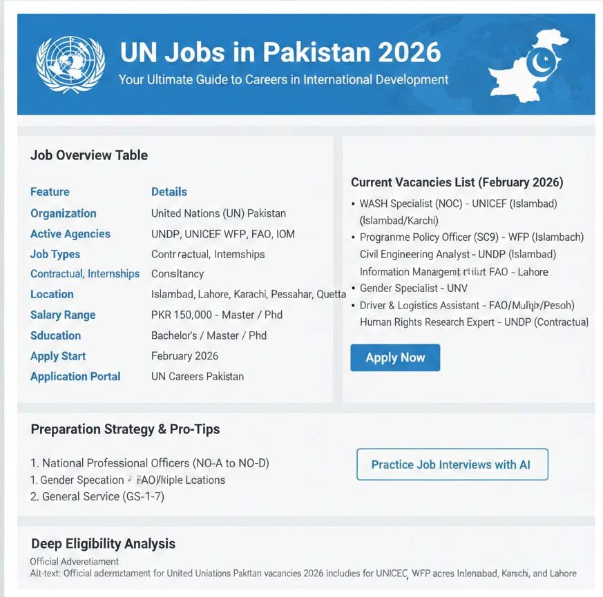 Official advertisement for United Nations Pakistan vacancies 2026 including roles for UNDP, UNICEF, and WFP across Islamabad, Karachi, and Lahore
