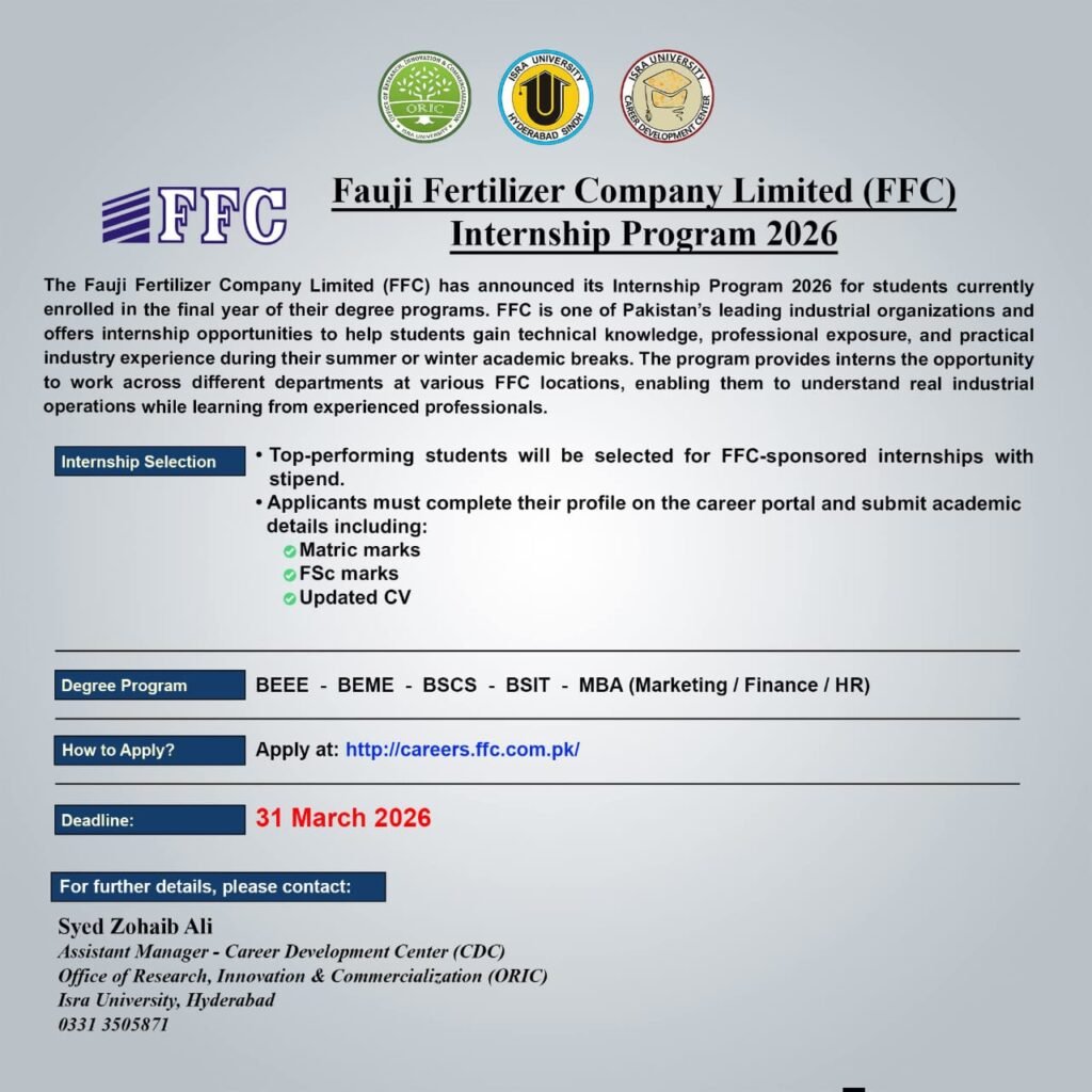 Official FFC Internship Program 2026 Poster for BEEE, BEME, BSCS, BSIT, and MBA students. Deadline 31 March 2026.