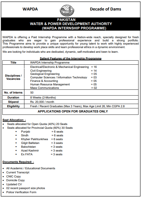 Official WAPDA Internship advertisement detailing 50 paid positions across various engineering and management disciplines.