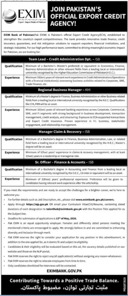 EXIM Bank Jobs 2026 – Team Lead, Manager, Officer – Apply by NJP