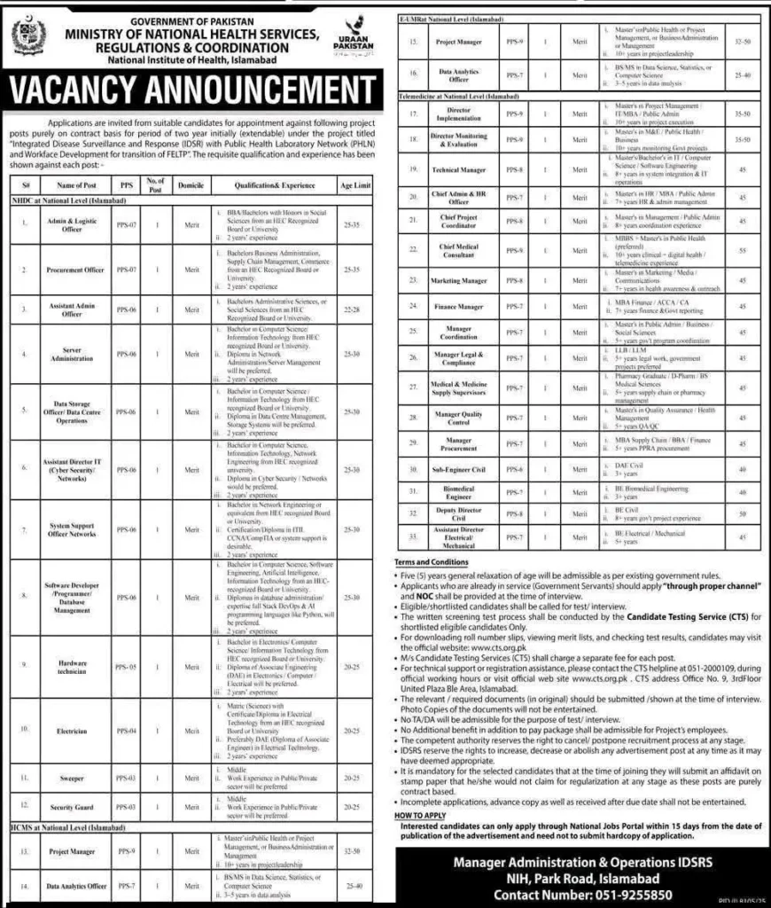 Official NIH Job Advertisement 2026 for multiple project-based positions in Islamabad