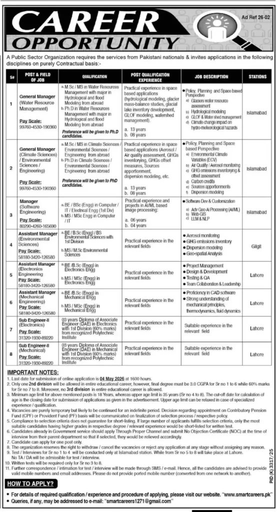 A scanned circular of a Public Sector Organization recruitment notice dated April 2026. The table lists 8 vacancies including General Manager Water Resources requiring PhD in Hydrology, and Assistant Manager Environmental Sciences for Gilgit station. The last date highlighted is 4th May 2026.