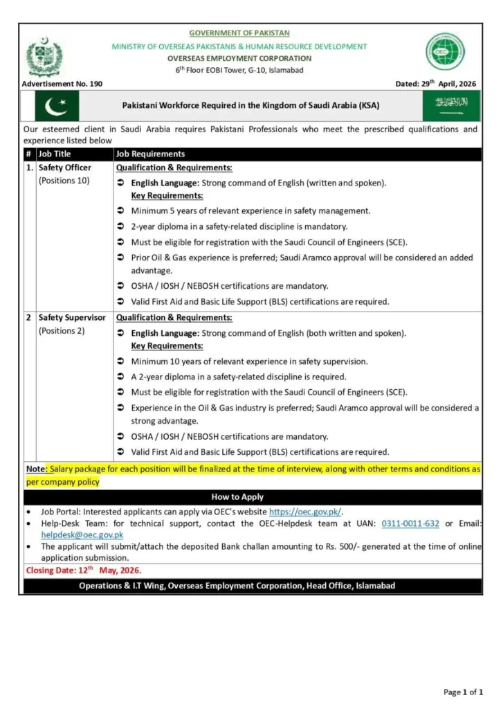 Official OEC Advertisement No. 190 dated April 29, 2026, for Safety Officer and Safety Supervisor positions in Saudi Arabia with a closing date of May 12, 2026.