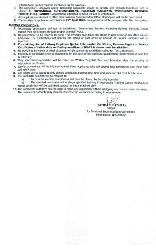 Official Advertisement for Pakistan Railways Moghalpura Apprentice Jobs 2026 - List of 284 Vacancies