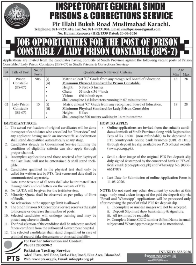 Official job notification by Inspectorate General Sindh Prisons dated 20-04-2026 showing 1000 vacancies for Prison Constable BPS-7. The document is white with black text featuring the Sindh government logo and PTS testing service instructions.