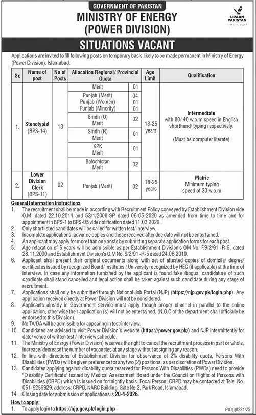 Government of Pakistan, Ministry of Energy (Power Division) official job advertisement for Stenotypist (BPS-14) and Lower Division Clerk (BPS-11), dated 2026, showing 19 vacancies, provincial quotas, age limit 18-25 years, and NJP application instructions.