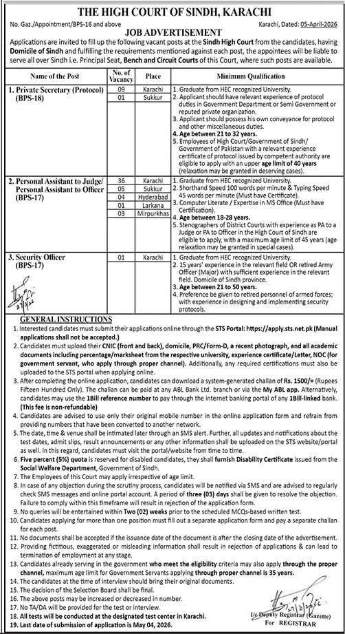 Official Sindh High Court Job Advertisement dated April 05, 2026, showing vacancies for Private Secretary, Personal Assistant, and Security Officer.