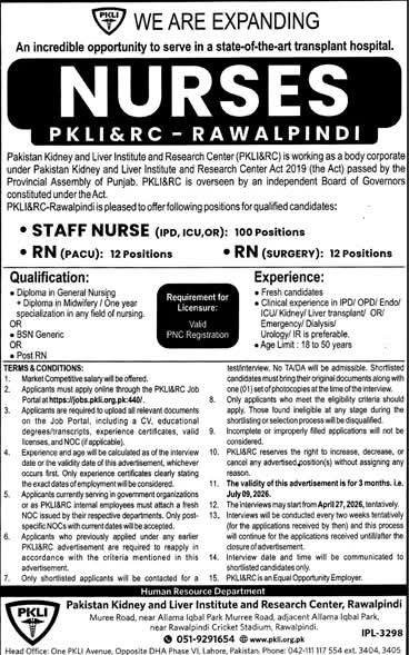 Official job advertisement for PKLI&RC Rawalpindi showing 124 vacancies for Staff Nurses and RNs with a deadline of July 09, 2026.
