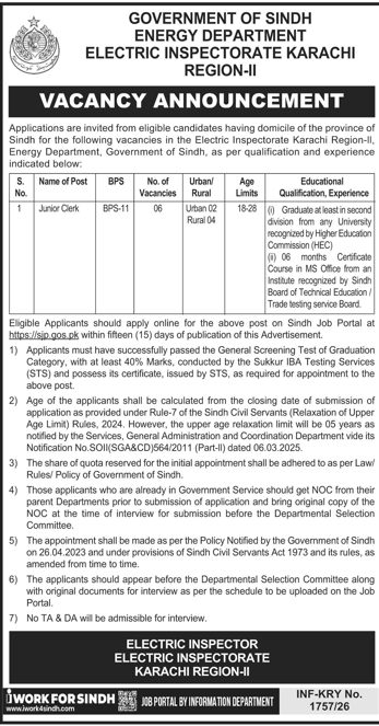 Official vacancy advertisement from the Government of Sindh Energy Department, Electric Inspectorate Karachi Region-II, dated March 2026, showing 06 vacancies for Junior Clerk BPS-11 requiring graduation, MS Office certificate, and STS test clearance.