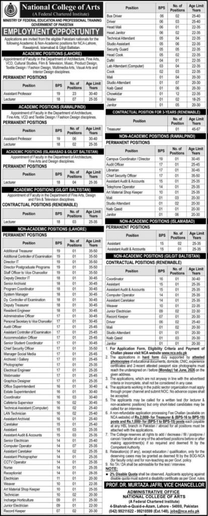 A scanned copy of the National College of Arts official recruitment advertisement published by the Ministry of Federal Education and Professional Training. The document has a light blue header with the NCA logo. It lists academic positions for Assistant Professor (BPS-19) and Lecturer (BPS-18) across Lahore, Rawalpindi, Islamabad, and Gilgit-Baltistan campuses, followed by a multi-page table of non-academic roles including Additional Treasurer, Director IT, Webmaster, and Junior Electrician. The footer shows Prof. Dr. Murtaza Jafri as Vice Chancellor and provides the administrative office address on 4-Shahrah-e-Quaid-e-Azam, Lahore.