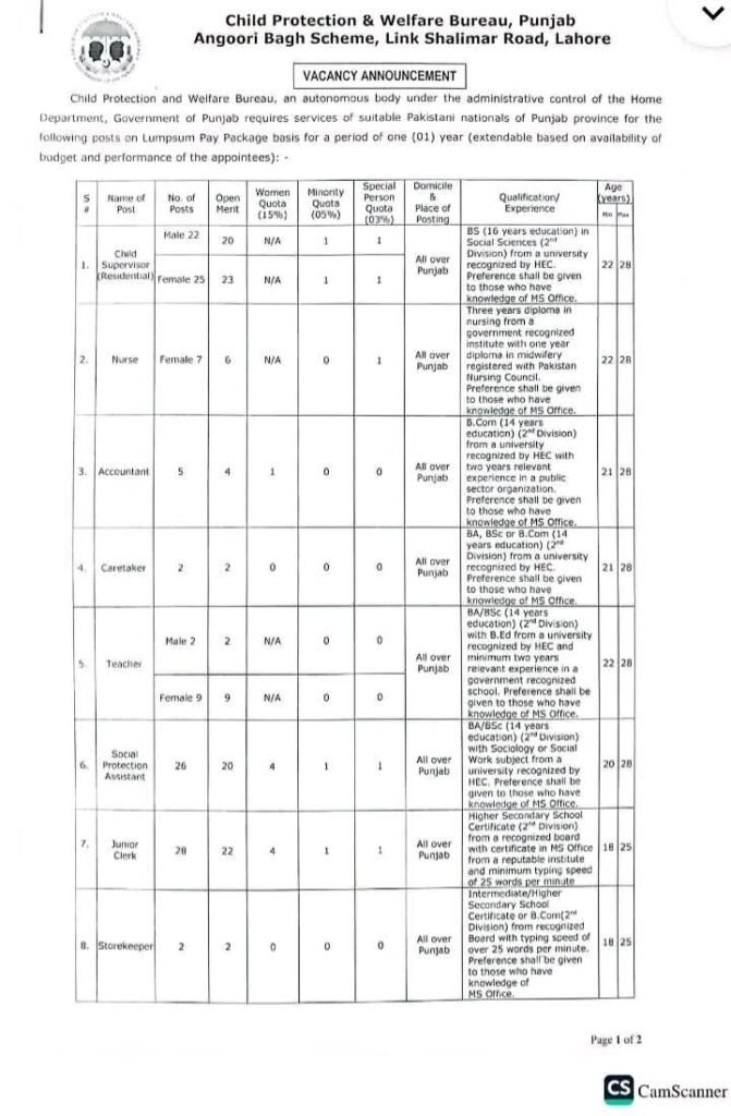Official government vacancy notice by Child Protection & Welfare Bureau Punjab showing a table of vacancies including Child Supervisor, Nurse, Accountant, and Junior Clerk with quotas for Women, Minorities, and Special Persons, valid until June 5th, 2026.