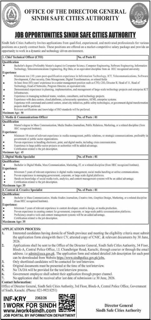 Sindh Safe Cities Authority Jobs 2026 CTO, Media & Digital Specialist Apply Now